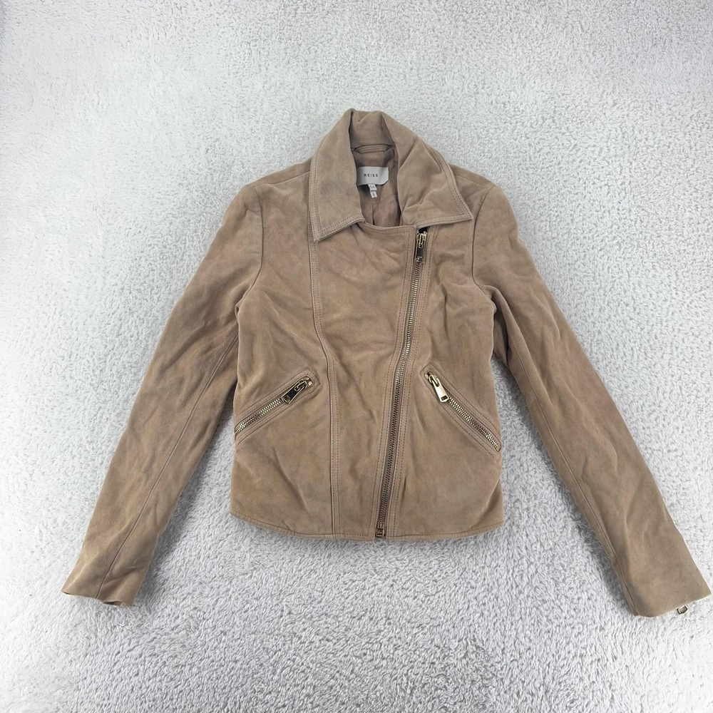 Reiss‎ Suede Jacket Womens 4 FITS XS Moto Asymmetrical Zip Pockets Biker Chic
